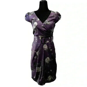 Vintage Wrap Front  Dress Purple Grey Floral Satin Belted Pockets Small